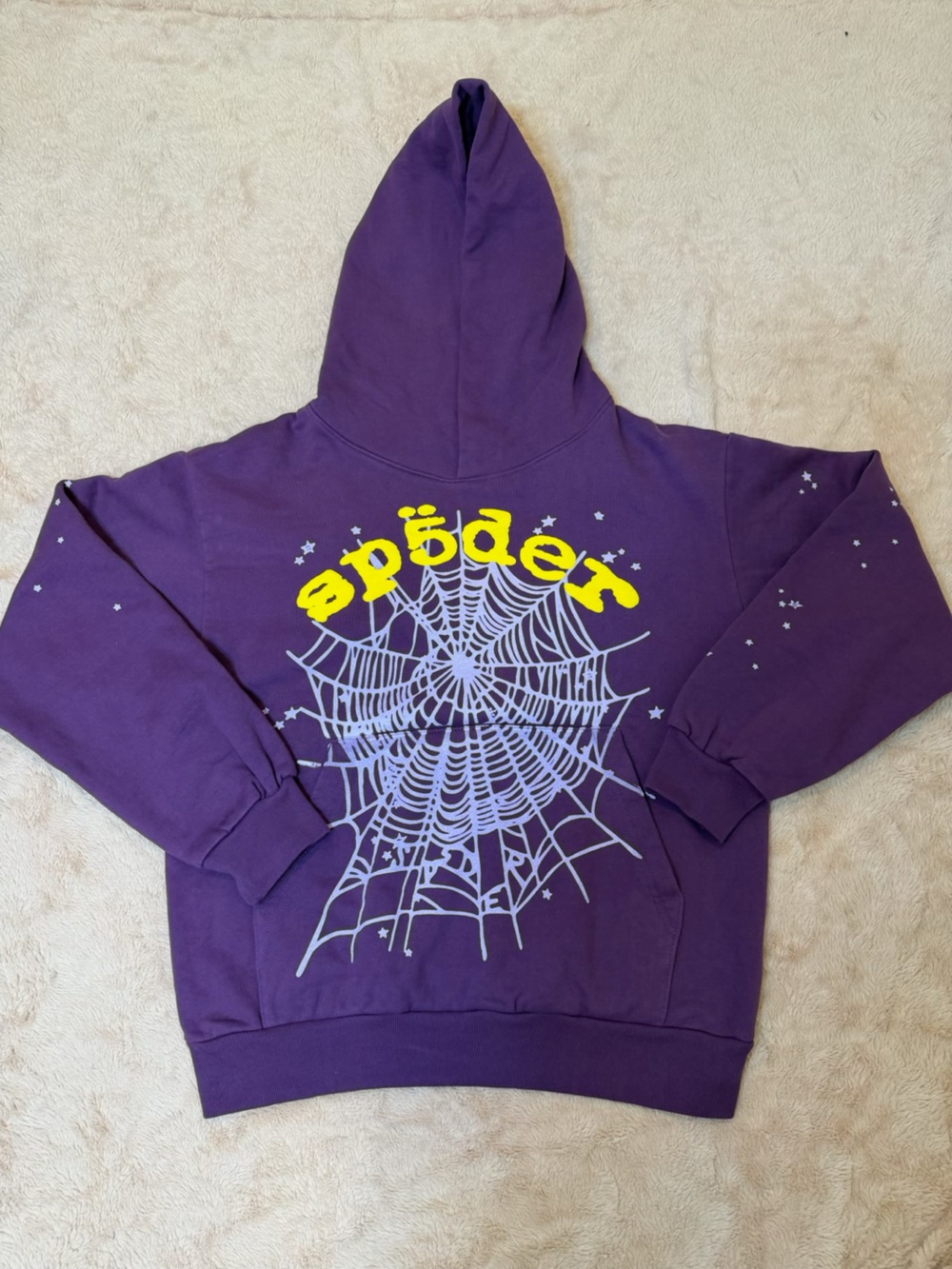 Purple Spider Web Graphic Hoodie with Yellow Logo